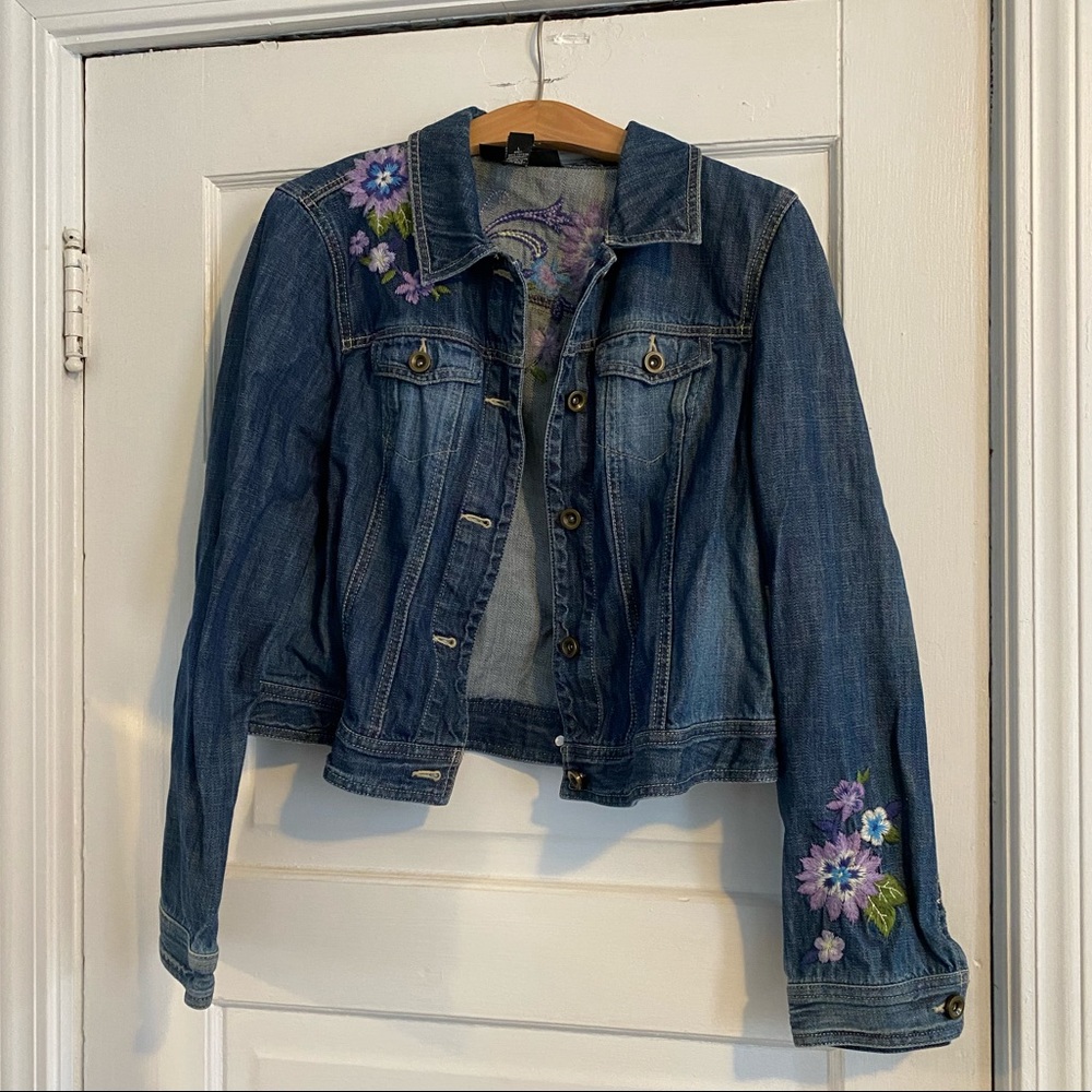Purple Flowers and Butterfly Jean Jacket